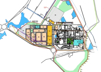 Mapa mostra áreas em laranja claro e escuro onde o novo complexo fabril será construído