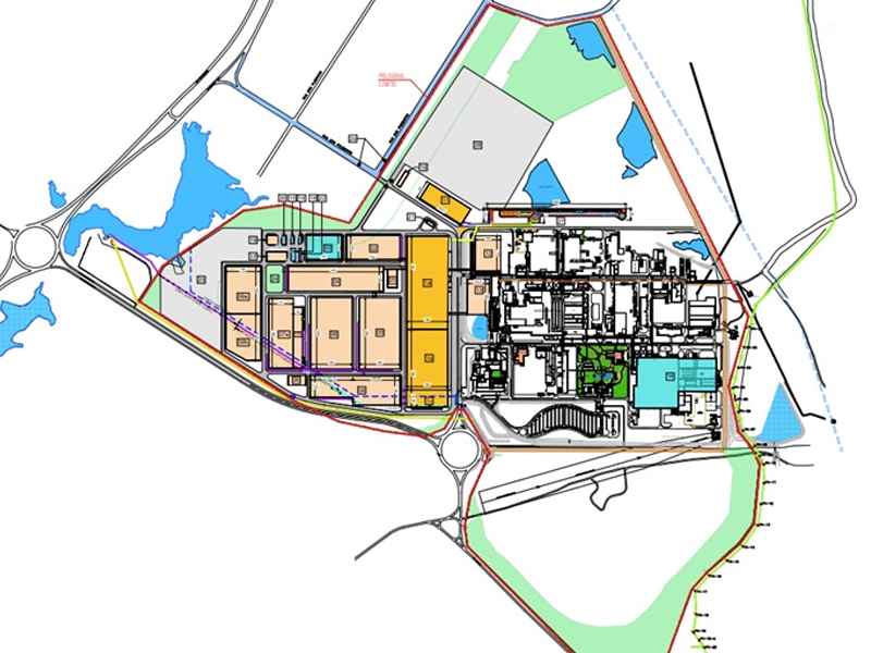 Mapa mostra áreas em laranja claro e escuro onde o novo complexo fabril será construído